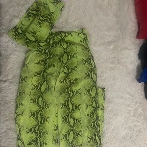 Two piece lime green snake skin print pants and tube top